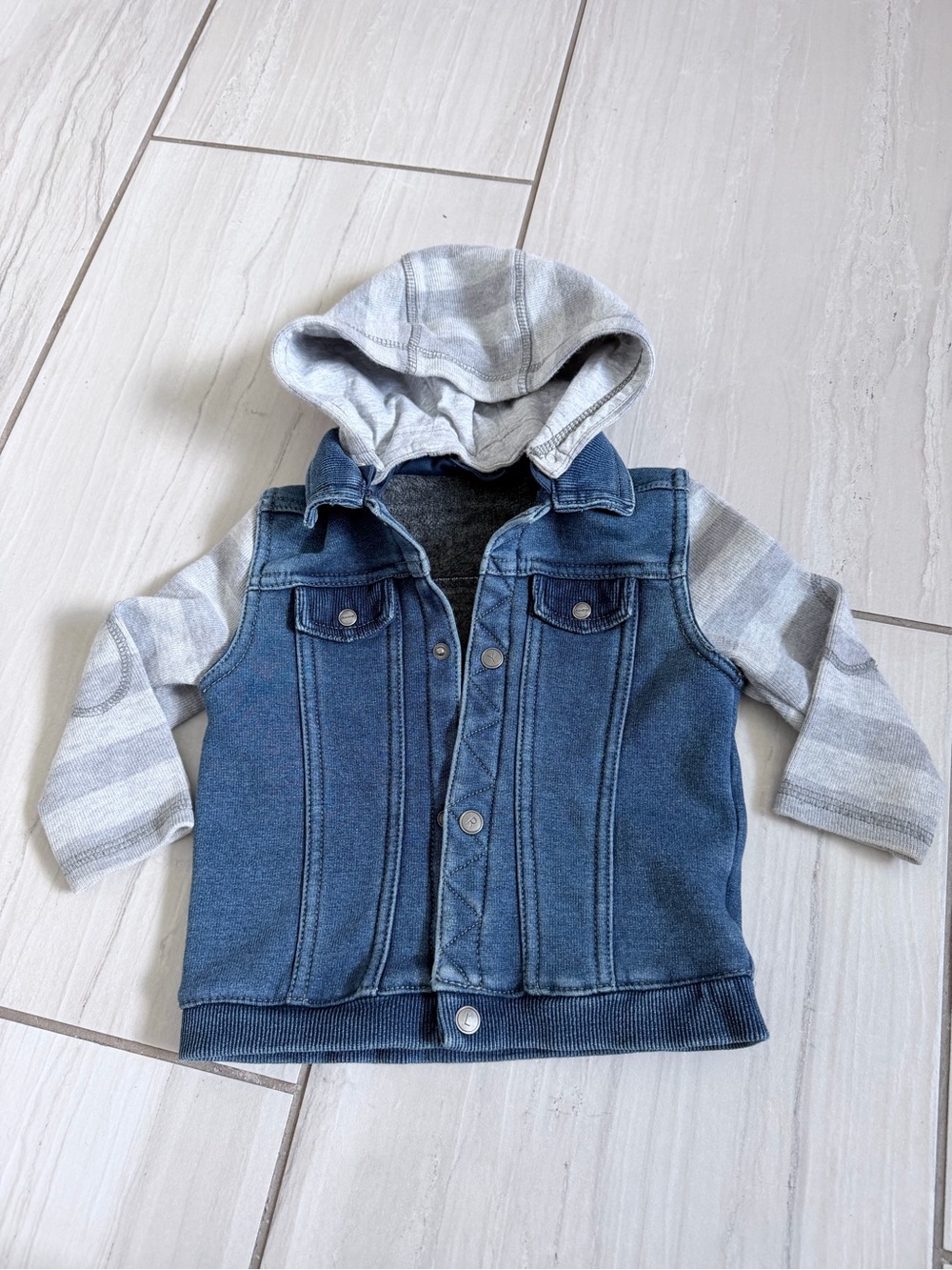 Mayoral Blue Denim-Look Jacket with Gray Striped Hood and Sleeves